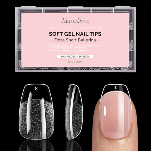 MelodySusie Extra Short Ballerina X Nail Tips - 300Pcs 15 Sizes Clear Acrylic Half Matte Full Cover Press on Nails for DIY Extension & Salon Use Pre-Shaped for Long-Lasting Manicure