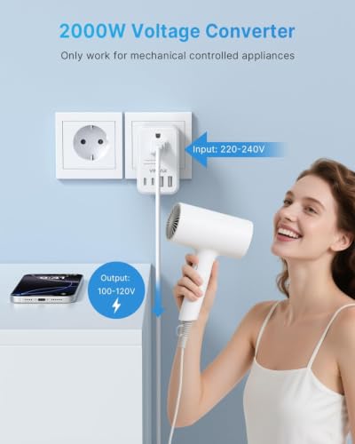 Image of VINTAR Foldable 220V to 110V Travel Voltage Converter US to Europe, 2000W | European Travel Plug Adapter, 2 Outlets, 4 USB Ports(2 USB-C), Step Down Converter for Hair Dryer Straightener Curling Iron