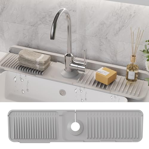 WAFT YEARN 24X5 Inch Silicone Durable Faucet Mat Kitchen Sink Splash Guard Draining Protector Tray Liner Absorbent Protective Counter Accessories for Sink Kitchen Bathroom Laundry Room Bar & RV Grey