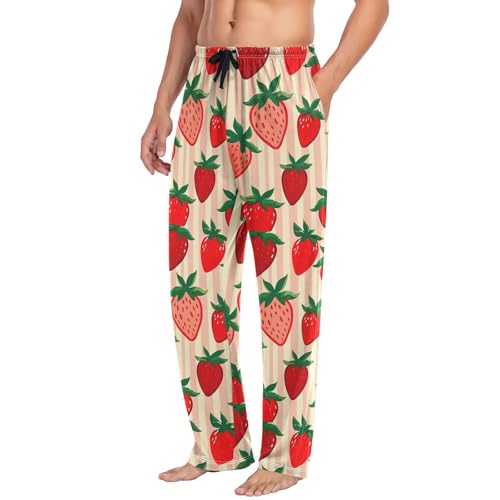 Men’s Strawberry Pattern Pajama Pants with Pockets, Comfortable Lounge Sleep Bottoms#3934