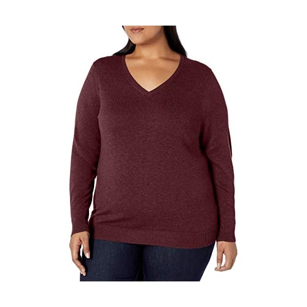 Amazon-Essentials-Womens-Plus-Size-Lightweight-V-Neck-Sweater Amazon Essentials Women's Classic-Fit Lightweight Long-Sleeve V-Neck Sweater (Available in Plus Size), Dark Burgundy, 3X