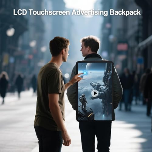 Image of 21.5 Inch Touchscreen Advertising Backpack, 1000nits High Brightness LCD Screen Backpack, IP65 Waterproof Digital Signage Backpack with USB /App /CMS Input for Auto Playback, Split Screen, Android 11OS