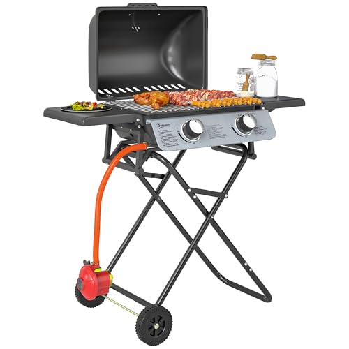 Outsunny Foldable Gas BBQ with Side Tables 2 Burner Portable Gas Barbecue Grill with Thermometer Lid Grease Tray Wheels Folding Trolley for Garden Party Camping Picnic Outdoor Cooking 5.6KW Black
