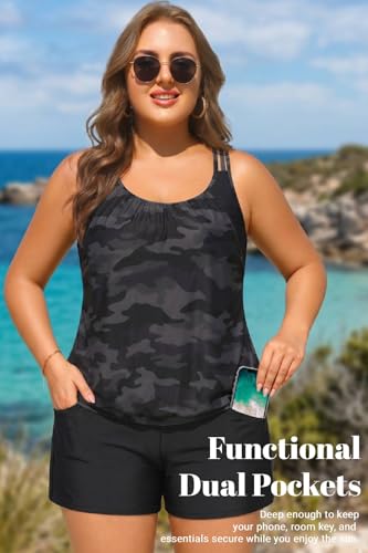 Image of Womens Plus Size Tankini Swimsuit Two Piece Tummy Control Bathing Suit | Blouson Racerback Tankini Top with Shorts, Double Up Design, Removable Pad