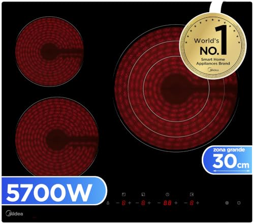 MIDEA Placa Vitroceramica 3 fuegos 5700 W - Vitroceramica Integrada con Panel de control tactil, Indicador de Luz, Temporizador, Child lock y Protección por Sobrecalentamiento