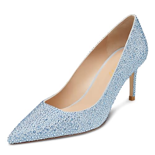 FOWT Women Rhinestone Studded Pointed Toe Pumps Slip on Kitten Mid Heels Wedding Party Evening Shoes Size 4-16 US