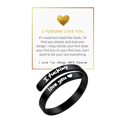 I Fcking Love You Ring Stainless Steel Engraved Inspirational Words Heart Open Adults Women Vintage Promise Rings Lover Wife Jewelry (Black)