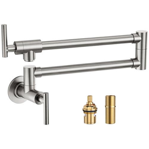 Pot Filler Faucet Brushed Nickel: WOWOW Stainless Steel Pot Filler Over Stove, Wall Mounted Kitchen Folding Faucet with Double Joint Swing Arms