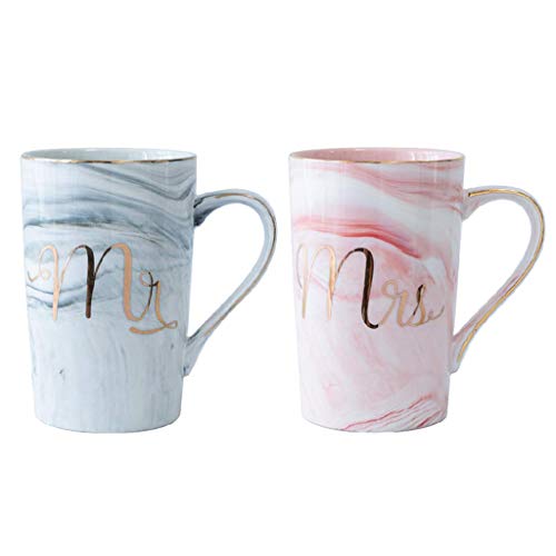 Amycute 2 pcs Taza de Cerámica Mr y Mrs, 400 ml Tazas De Desayuno con Tapa Y Cuchara para la Novia y el Novio Boda Creativo