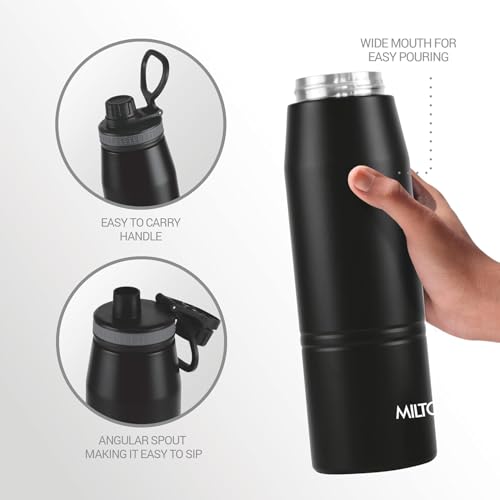 Image of Milton Sparkle 900 Thermosteel Water Bottle with Easy Sip Cap and Handle, 920 ml, Vacuum Insulated Stainless Steel, Hot and Cold, On The Go Bottle for Office College, Black