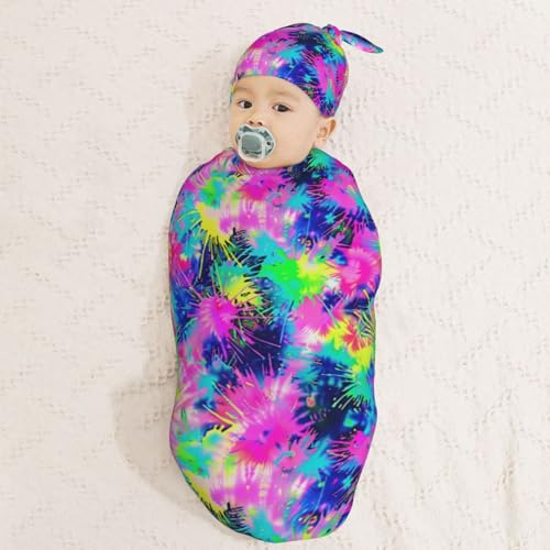 Image of Tie Dye Neon Colors Newborn Swaddle Blankets Hat Sets Soft Baby Receiving Blanket Swaddle Sack for Baby Shower Infant Boy Girl Gift