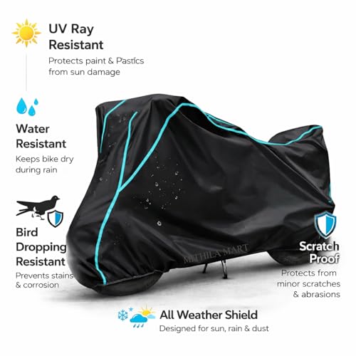 Image of Compatible with TVS Apache RTR 180 Waterproof Two Wheeler Bike Body Cover Water Resistant, Heavy Duty, UV Rays, Dust & Scratch Protection for All-Modal & Variants (Black,Sky Blue Piping)