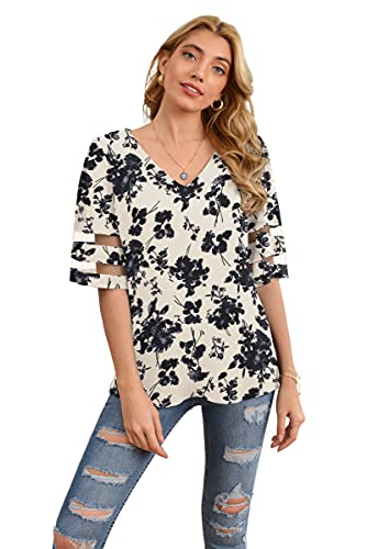Jouica Women's Loose Casual Short Sleeve Chiffon Top T-Shirt Blouse,Floral White,Small #TOP3
