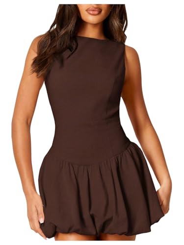 SOLY HUX Women's Bubble Mini Dress Sleeveless Crew Neck Party Going Out Summer Dresses
