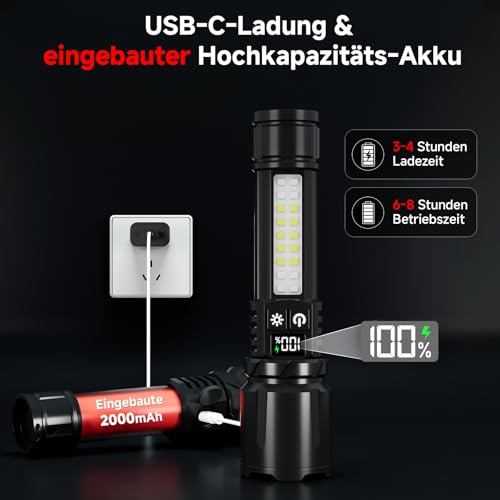 Shadowhawk 2 Stück Taschenlampe LED Aufladbar mit COB Seitenlicht | Leichtgewicht & Eingebauter Akku – Taktische Taschenlampen mit 2 Schaltern & Ein-Knopf Ein/Aus, 7 Modi für Camping/Wandern/Notfall