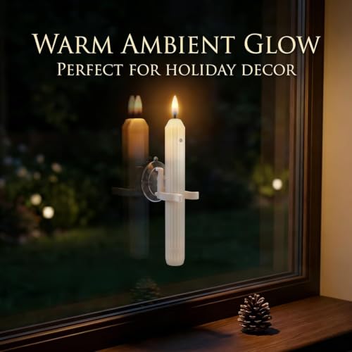 Image of 12 Flameless Led Taper Windows Candles with Sensor Dusk to Dawn & Ivory Striped Candlesticks with Suction Cups, Roman Column Christmas Window Candle Battery Operated for Home Decor