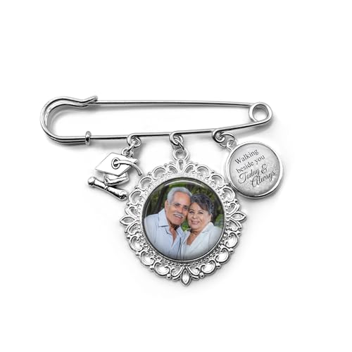 Personalized Graduation Photo Pin, Custom Photo Charm and Walking Beside You Message or Choose Custom Text, Memorial Keepsake Gift, Silver Finish
