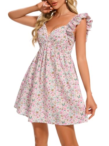 hibshaby Women's Floral Mini Dress V Neck Puff Sleeve Dress Short Babydoll Dress Sun Dress2