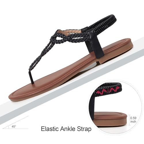 Image of iCKER Womens Braided T‑Strap Flat Sandals Elastic Stretch Ankle Strap | Boho cute casual lightweight and comfort matches dresses for beach vacation