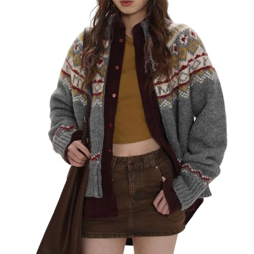 TIAFORD Women's Retro Fair Isle Print Zip Up Sweater Cardigan Long Sleeve Knitted Mock Neck Winter Chunky Outerwear
