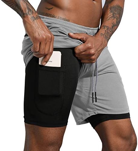 Leidowei Men's 2 in 1 Running Shorts Gym Workout Quick Dry Men Shorts with Phone Pocket (Light Grey, L)