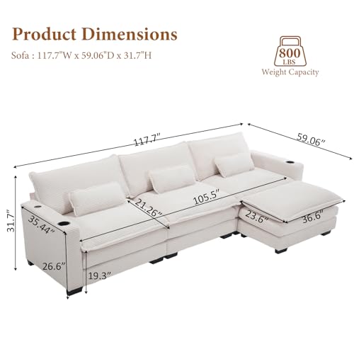 KIVENJAJA Corduroy Cloud Sectional Couch, Modern Comfy Modular L-Shaped Sectional Sofa with Ottoman, Cup Holders & USB Port for Living Room Apartment, 117.7”W, Beige