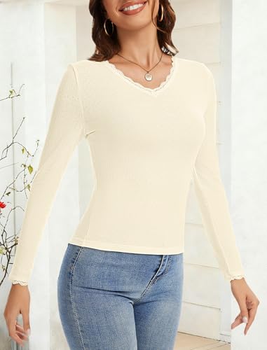 LUXEBOLD Womens Long Sleeve Lace T-Shirts V Neck Layering Basic Shirts Tops Slim Fit Stretch Undershirts Tee Beige M — view 4