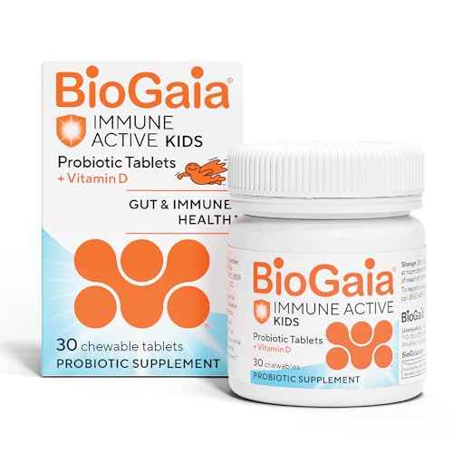BioGaia Immune Active Kids | Probiotic + Vitamin D | for Digestive & Immune Health | Ages 3+ | Allergen, Dairy, Soy & Gluten Free | Trusted By Pediatricians | 30 Day Supply | Orange Flavored Chewable