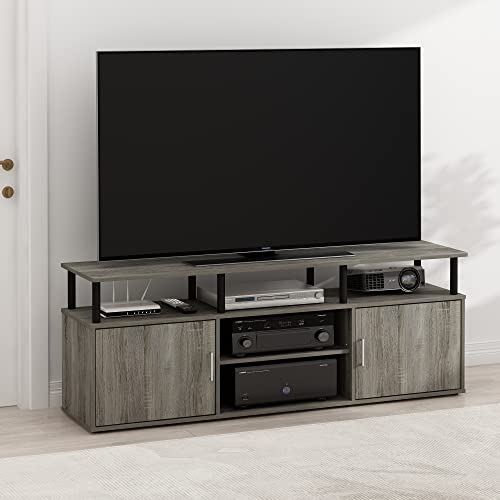 Image of Furinno Jensen Entertainment Center Stand for TV up to 70 Inch, Plastic Pole, French Oak Grey /Black /Black