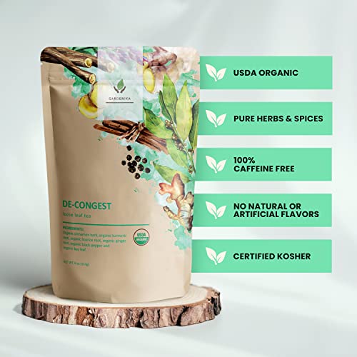 Gardenika Organic Decongest Loose Leaf Tea, Herbal, Caffeine-Free, KSA Kosher, Ayurvedic Blend with Turmeric, Cinnamon, Liquorice, Ginger Root – 4oz (1 Pack)