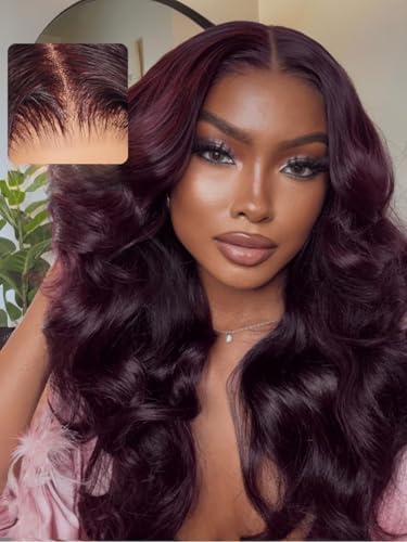 UNICE Black Cherry Body Wave Human Hair Wig, 7x5 Glueless Lace Front Wig Pre Plucked Pre Cut with Face Framing Bangs, No-Slip Drawstring, Put On & Go Natural Wigs for Women 180% Density 18 inch
