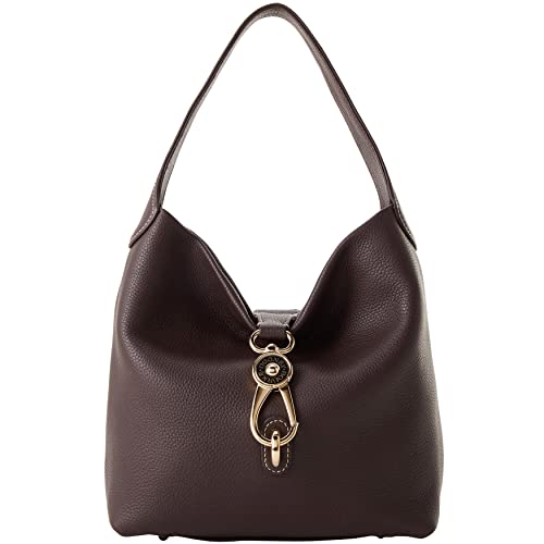 Dooney & Bourke Women's Small Logo Lock Sac Shoulder Bag in Pebble Grain Leather, with Signature Logo Lock Closure, Brown Tmoro