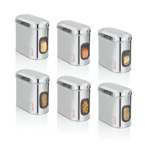 Image of Ebun Stainless Steel See Through Containers | Stainless Steel Container with Lid | Capsule Shape Steel Kitchen Containers Set | Steel Airtight Container | 1.5 Kgs Capacity Approx | Pack of 6