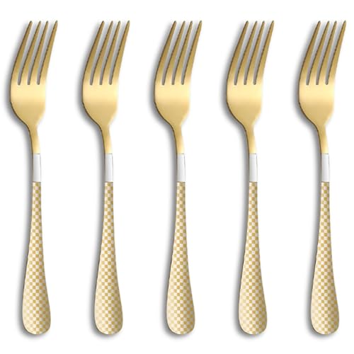 Image of 8.1 inch Aurum Gold Dinner Forks Set of 5 with Checks Printed Handle ? Durable Stainless Steel Silverware, Mirror Polished Forks, Perfect for Home, Restaurant, and Gifting