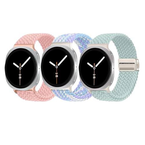 Image of 3 Pack Magnetic Braided Band for Samsung Galaxy Watch 9 8 40mm 44mm, Galaxy Watch8 Classic 46mm, One Click No Gap Elastic Stretchy Nylon Fabric Sport Strap for Women Men (Pink /Violet /Mint)