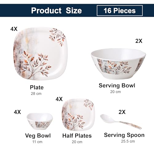 Image of Golden Fish 16 Pcs Multi-Course Dinner Set for 4 | 4 Full Plates, 4 Quarter Plates, 4 Veg Bowls, 2 Donga & 2 Serving Spoons | Organized Meal Serving Combo for Home Dining & Entertaining