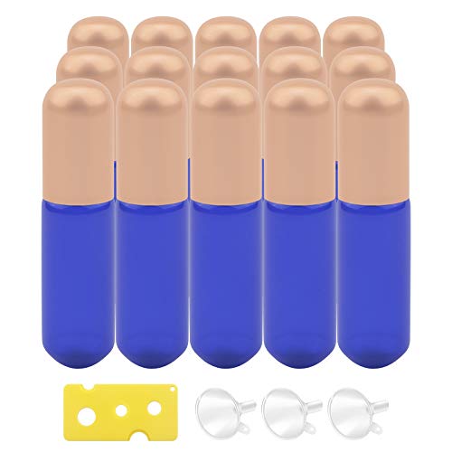 Newzoll 15Pcs Blue Glass Roller Bottles 5ml Roll-on Bottles Refillable Empty Rolling Bottles Roller Vials Container for Essential Oil Perfume Skincare, 3 Funnels 1 Opener