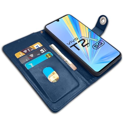 Image of Pikkme Vivo T2X / Y16 / Y56 5G Flip Cover Leather Finish | Inside TPU with Card Pockets | Wallet Stand and Shock Proof | Complete Protection Button Flip Case (Blue)
