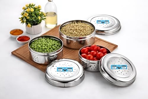 Image of Stainless Steel Green Coriander Storage Box Curry Leaves Box Set, Sprouts with air Ventilation Food containers Silver Dabba Flat Box Steel Dabba (set of 3)