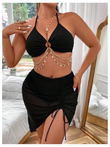 MakeMeChic Women's Plus Size 3 Piece Halter Ring Tie Backless Bikini Set with Ruched Cover Up Skirt2