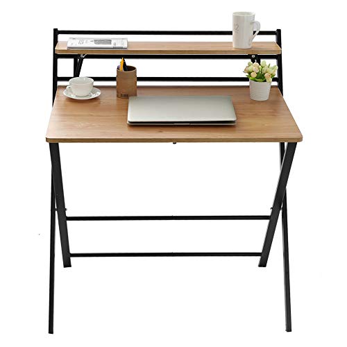 Folding Desk 2 Tier Computer Desk with Shelf Desktop,Laptop Study Table, No Assembly Needed,for Small Space, Computer Gaming, Writing, Student,Home Office Organization, Industrial Metal Frame((Khaki)