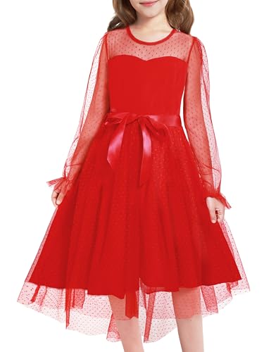 Ochine Girls Dresses Tulle Contrast Mesh Long Sleeve Twirly High Low Party for Girl Dress 9-16 Years