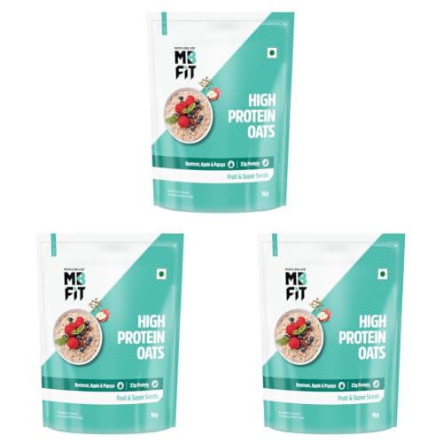Image of MuscleBlaze Fit High Protein Oats (Fruit & Super Seeds, 1kg) | 23g Protein | Breakfast Cereals for Weight Management (Pack of 3)