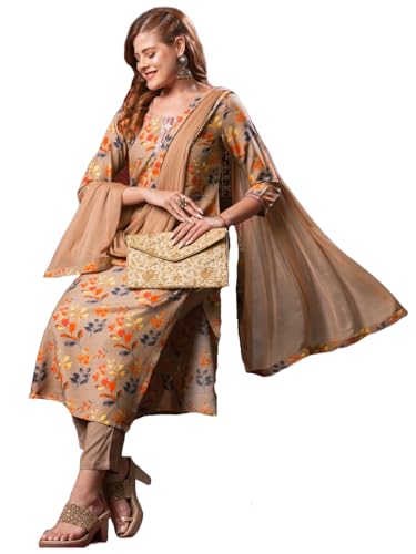 Image of GoSriKi Women's Cotton Blend Printed Straight Kurta and Pant with Dupatta Set