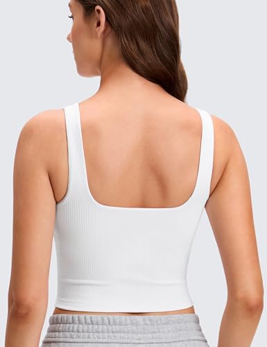 Image of CRZ YOGA Ribbed Henley Crop Tank Tops | Medium Support, Removable Pads, Casual, Square Back, Wide Straps, Longline Sports Bras for Women