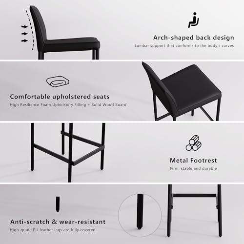 Image of YOUNIKE 26 inch H Counter Height Bar Stool with Back Single Faux Leather Modern Barstool Upholstered Comfy Bar Chair for Kitchen Breakfast Island, No Assembly, Fully Wrapped Metal Legs Black