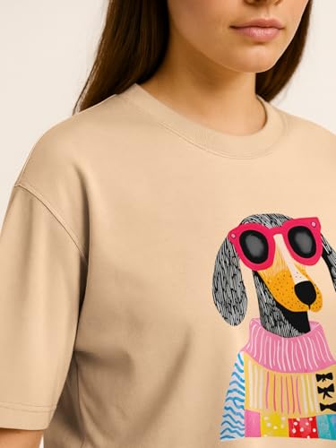Image of HELLCAT Beige Printed Loose Fit Crew-Neck Crop T-Shirt for Women