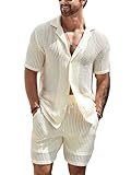 GORGLITTER Men's Cruise Attire 2 Piece Summer Vacation Outfit Hollow Out Short Sleeve Button Down Shirt Shorts Set Apricot Large