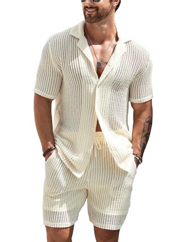 GORGLITTER Men's Cruise Attire 2 Piece Summer Vacation Outfit Hollow Out Short Sleeve Button Down Shirt Shorts Set