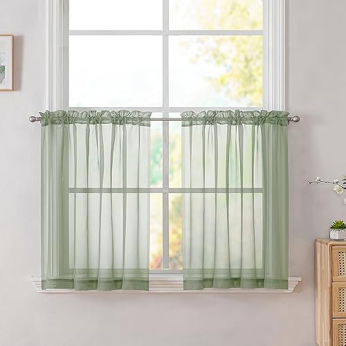 Image of Simplebrand Sage Tier Curtains for Kitchen 24 Inches Long 2 PaSet, Rod Pocket Cafe Curtain Light Filtering Sheer Short Curtains for Bathroom /Basement Half Window 42 x 24 Inch, 2Pcs, Sage